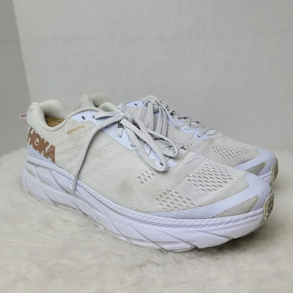 Hoka One One Clifton 6 White & Gold Rose Running Sneakers Shoes Size 11